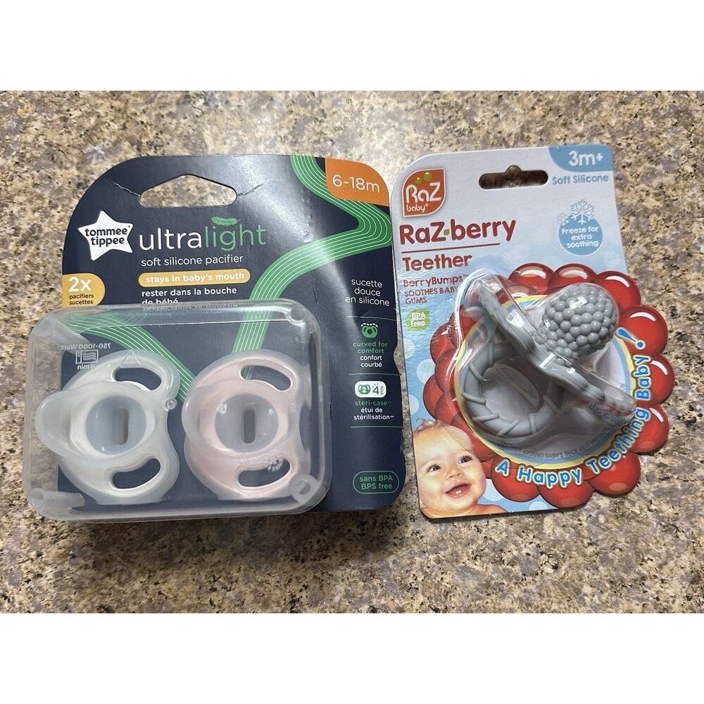 RaZbaby RaZberry Teether & Tommee Tippee Ultra-Light silicone pacifiers Lot Of 2